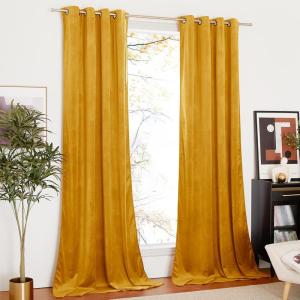 imageNICETOWN Black Velvet Blackout Curtains Patio Panels 96 inch Long Media Movie Theater Room Decor Energy  Efficient Velvet Woven Home Theater Eyelet Top Drapes for Living Room 1 Pair W52xL96Warm Gold