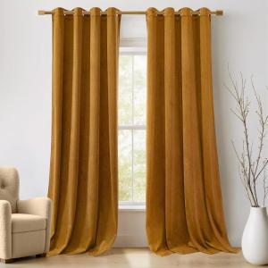 imageNICETOWN Black Velvet Blackout Curtains Patio Panels 96 inch Long Media Movie Theater Room Decor Energy  Efficient Velvet Woven Home Theater Eyelet Top Drapes for Living Room 1 Pair W52xL96Gold Brown