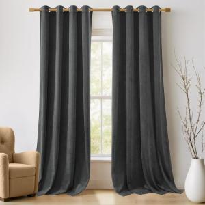 imageNICETOWN Black Velvet Blackout Curtains Patio Panels 96 inch Long Media Movie Theater Room Decor Energy  Efficient Velvet Woven Home Theater Eyelet Top Drapes for Living Room 1 Pair W52xL96Grey