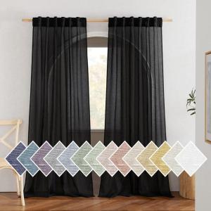 imageNICETOWN Linen Curtains for Windows 84 inch Length Rod Pocket ampamp Back Tab Semi Sheer Linen Curtains ampamp Drapes Privacy with Light Through for BedroomLiving Room Natural W52 x L84 2 PiecesBlack