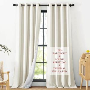 imageNICETOWN Sound Barrier 100 Blackout Divider Curtains 84quot Noise Heat and Cold Blocking Drapes with Felt Fabric Lining for Noise ReducingNurseryDaytime SleepBedroom White 2 PCs 52quot WideGrommet  Greyish White Linen