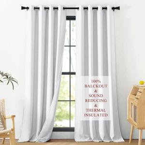 imageNICETOWN Sound Barrier 100 Blackout Divider Curtains 84quot Noise Heat and Cold Blocking Drapes with Felt Fabric Lining for Noise ReducingNurseryDaytime SleepBedroom White 2 PCs 52quot WideGrommet  Natural Linen