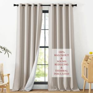 imageNICETOWN Sound Barrier 100 Blackout Divider Curtains 84quot Noise Heat and Cold Blocking Drapes with Felt Fabric Lining for Noise ReducingNurseryDaytime SleepBedroom White 2 PCs 52quot WideGrommet  Angora Linen
