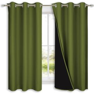 imageNICETOWN 100 Blackout Short Curtains with Black Liners 2 Panels 37quot W by 63quot L Olive Green Solid Thermal Insulated Full Blackout 2Layer Lined Drapes Energy Efficiency Window Drapes for Bedroom
