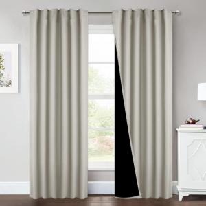 imageNICETOWN 100 Blackout Window Curtain Panels Cold and Full Light Blocking Drapes with Black Liner for Nursery 84 Inches Drop Thermal Insulated Draperies Pure White 2 Pieces 52 inches WideNatural
