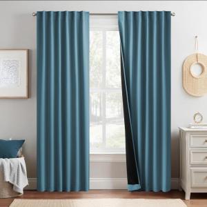 imageNICETOWN 100 Blackout Window Curtain Panels Cold and Full Light Blocking Drapes with Black Liner for Nursery 84 Inches Drop Thermal Insulated Draperies Pure White 2 Pieces 52 inches WideSmoky Blue