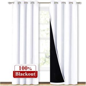 imageNICETOWN 100 Blackout Window Curtain Panels Cold and Full Light Blocking Drapes with Black Liner for Nursery 84 inches Drop Thermal Insulated Draperies White 2 Pieces 52 Wide Each Panel