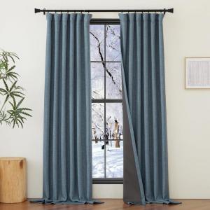 imageNICETOWN 2 Panels Faux Linen 100 Blackout Curtains for Living Room Rod PocketBack TabHook Belt Room Darkening Window Treatment with Liner Thermal Curtains for Bedroom Natural W50 x L96Mist Blue