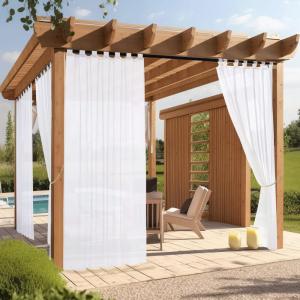 imageNICETOWN 2 Panels Indoor Outdoor Waterproof Patio Curtains Sticky Tab Top Soft Voile Sheer Vertical Indoor Outdoor Drapes Easy Hanging for PorchCabana Ivory W54 x L96Pure White