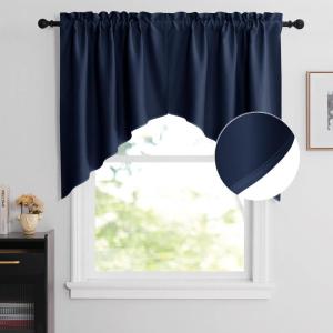 imageNICETOWN Blackout Window Treatment Pole Pocket Kitchen Tier Curtains Tailored Scalloped ValanceSwags for Living Room One Pair 36 Wide by 63inches Long Each Panel GreyNavy