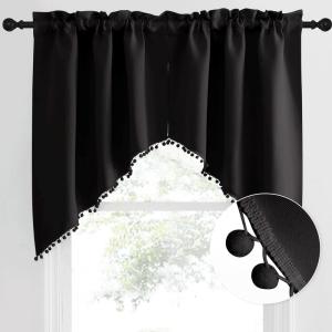 imageNICETOWN Blackout Window Treatment Pole Pocket Kitchen Tier Curtains Tailored Scalloped ValanceSwags for Living Room One Pair 36 Wide by 63inches Long Each Panel GreyPom Pomblack