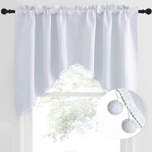 imageNICETOWN Blackout Window Treatment Pole Pocket Kitchen Tier Curtains Tailored Scalloped ValanceSwags for Living Room One Pair 36 Wide by 63inches Long Each Panel GreyPom Pomgreyish White
