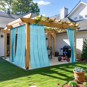 imageNICETOWN Outdoor Sheer Curtains 84 inches Long 2 Panels Waterproof Sheer Texture Curtain Panels for Gazebo Porch Pergola Voile Drapes with Rustproof Grommets for Living Room W54 x L84 inch WhiteTurquoise