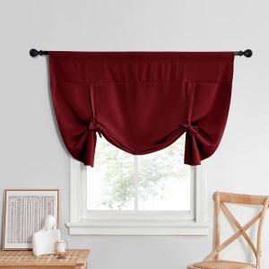 imageNICETOWN Thermal Insulated Blackout Short Curtain  Bathroom Curtain Gray Tie Up Shade for Small Window Window Valance Balloon Roman Blind Rod Pocket Panel 46 inches W x 63 inches LRed