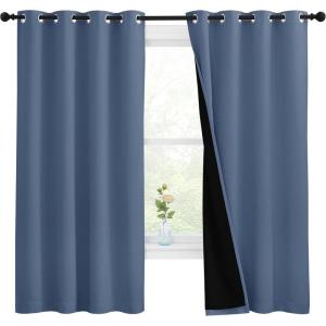 imageNICETOWN 100 Blackout Curtains with Black Liners Thermal Insulated Full Blackout 2Layer Lined Drapes Energy Efficiency Window Draperies for Bedroom Stone Blue 2 Panels 55inch W by 68inch L