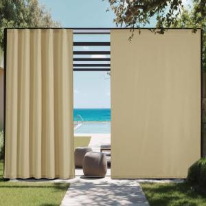 imageNICETOWN 2 Panels RodFree Outdoor Curtains for Patio Waterproof Sticky Top ampamp Back Tab Bottom with Free Rope for Wind Resistance Weatherproof Drapes for GazeboPorch W52 x L84 in Biscotti BeigeBuff
