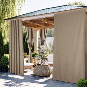 imageNICETOWN 2 Panels RodFree Outdoor Curtains for Patio Waterproof Sticky Top ampamp Back Tab Bottom with Free Rope for Wind Resistance Weatherproof Drapes for GazeboPorch W52 x L84 in Biscotti BeigeLinen Taupe