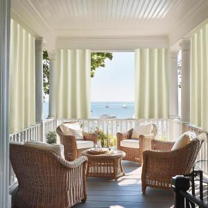 imageNICETOWN 2 Panels RodFree Outdoor Curtains for Patio Waterproof Sticky Top ampamp Back Tab Bottom with Free Rope for Wind Resistance Weatherproof Drapes for GazeboPorch W52 x L84 in Biscotti BeigeLight Beige