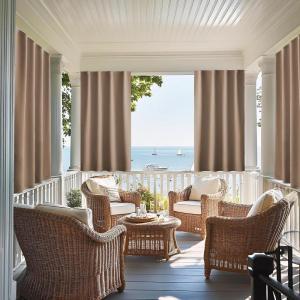 imageNICETOWN 2 Panels RodFree Outdoor Curtains for Patio Waterproof Sticky Top ampamp Back Tab Bottom with Free Rope for Wind Resistance Weatherproof Drapes for GazeboPorch W52 x L84 in Biscotti BeigeTan