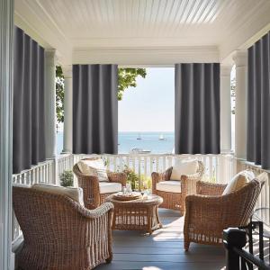 imageNICETOWN 2 Panels RodFree Outdoor Curtains for Patio Waterproof Sticky Top ampamp Back Tab Bottom with Free Rope for Wind Resistance Weatherproof Drapes for GazeboPorch W52 x L84 in Biscotti BeigeGrey