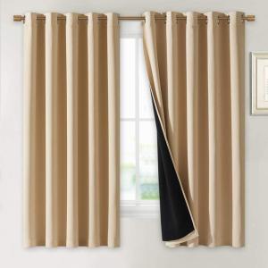 imageNICETOWN Bedroom Full Blackout Curtain Panels Super Thick Insulated Window Covers Complete Blackout Draperies with Black Liner for Short WindowBiscotti Beige Set of 2 PCs 70 by 63inch