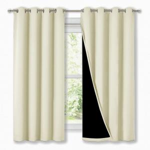 imageNICETOWN Cold Blocking Curtains Bedroom Full Blackout Panels Super Thick Insulated Window Covers Complete Blackout Draperies with Black Liner for Short Window Beige Set of 2 52 by 63inch