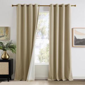 imageNICETOWN Full Blackout Dusty Pink Velvet Curtains 8 Feet Long for Bedroom Elegant Grommet Drapes Thermal Insulated Energy Saving Soundproof Room Darkening Window Treatment for Living Room 52 WBeige
