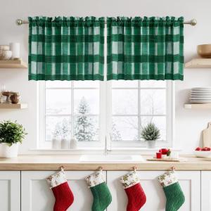 imageNICETOWN Half Window Curtains  Thermal Insulated Rod Pocket Blackout Curtain Tiers for Kids Nursery Kitchen Dining Bathroom Laundry 34 inch Wide x 36 inch Long Greyish White 1 PairGreen  White