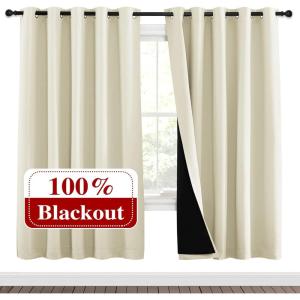 imageNICETOWN Living Room Completely Shaded Draperies Privacy Protection ampamp Noise Reducing Ring Top Drapes Black Lined Insulated Window Treatment Curtain Panels Beige 2 Pieces W70 x L72