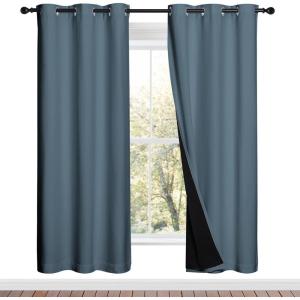 imageNICETOWN 100 Blackout Window Curtain Panels Smoky Blue 2 Pieces 42inch Wide Per Panel Full Light Blocking Drapes with Black Liner for Nursery 72inch Drop Thermal Insulated Draperies