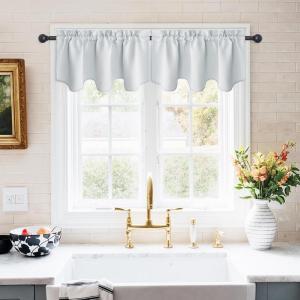 imageNICETOWN Blackout Tiers Window Valances  52 by 18 inches Blackout Curtains Pole Pocket KitchenBathroomLiving RoomBoys Bedroom Scalloped Valances Navy Blue 1 PairGreyish White