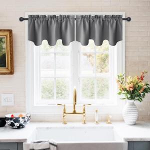 imageNICETOWN Blackout Tiers Window Valances  52 by 18 inches Blackout Curtains Pole Pocket KitchenBathroomLiving RoomBoys Bedroom Scalloped Valances Navy Blue 1 PairGrey