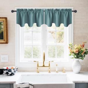 imageNICETOWN Blackout Tiers Window Valances  52 by 18 inches Blackout Curtains Pole Pocket KitchenBathroomLiving RoomBoys Bedroom Scalloped Valances Navy Blue 1 PairGreyish Blue