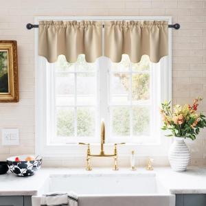 imageNICETOWN Blackout Tiers Window Valances  52 by 18 inches Blackout Curtains Pole Pocket KitchenBathroomLiving RoomBoys Bedroom Scalloped Valances Navy Blue 1 PairBiscotti Beige
