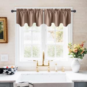 imageNICETOWN Blackout Tiers Window Valances  52 by 18 inches Blackout Curtains Pole Pocket KitchenBathroomLiving RoomBoys Bedroom Scalloped Valances Navy Blue 1 PairCappuccino
