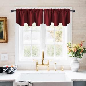 imageNICETOWN Blackout Tiers Window Valances  52 by 18 inches Blackout Curtains Pole Pocket KitchenBathroomLiving RoomBoys Bedroom Scalloped Valances Navy Blue 1 PairBurgundy Red