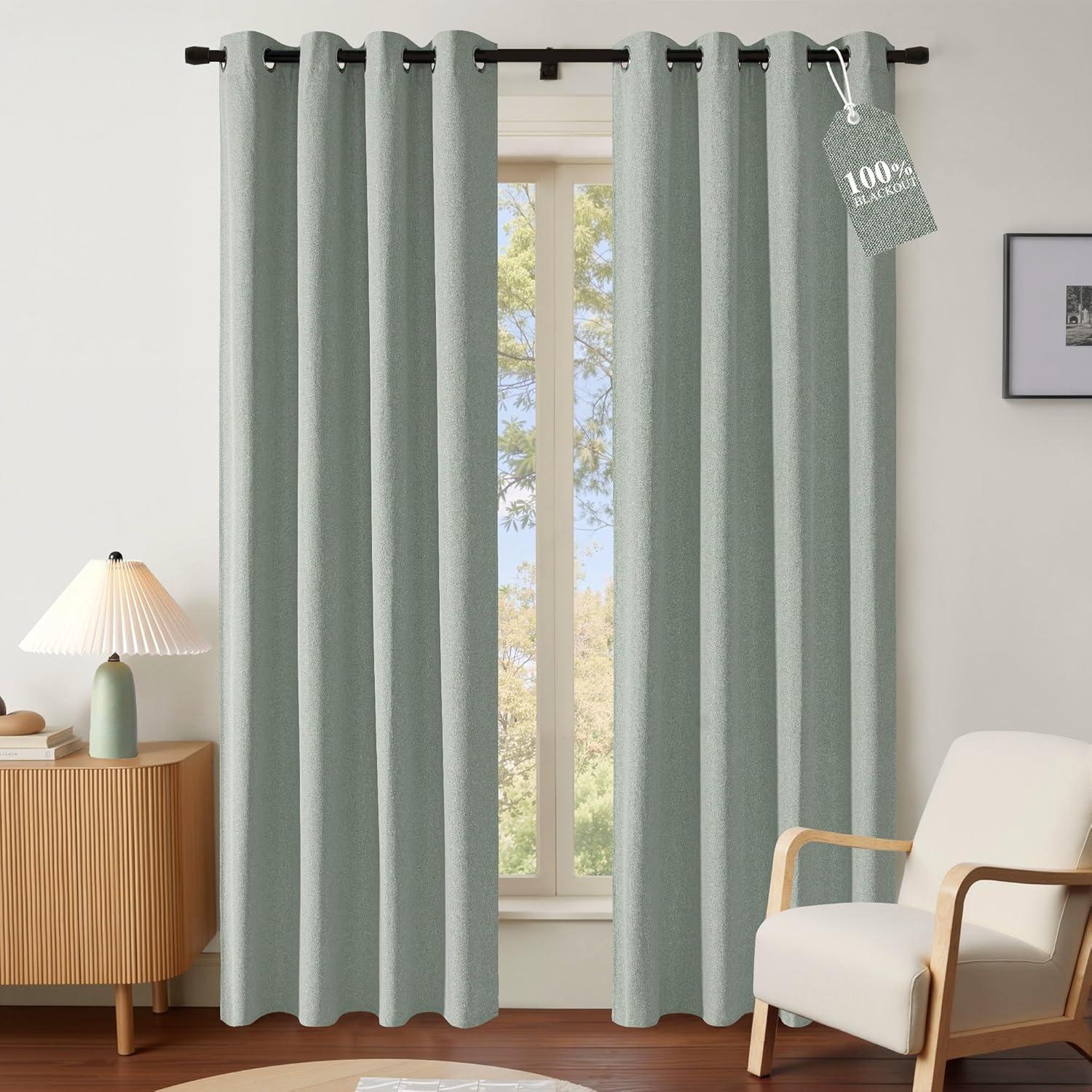 imageNICETOWN 100 Blackout Curtains for Bedroom W52 x L96 Pair Grey Crisp Faux Linen Thermal Insulated ampamp Energy Efficient Light Blocking Shield for Living Room Dining RoomSage Green
