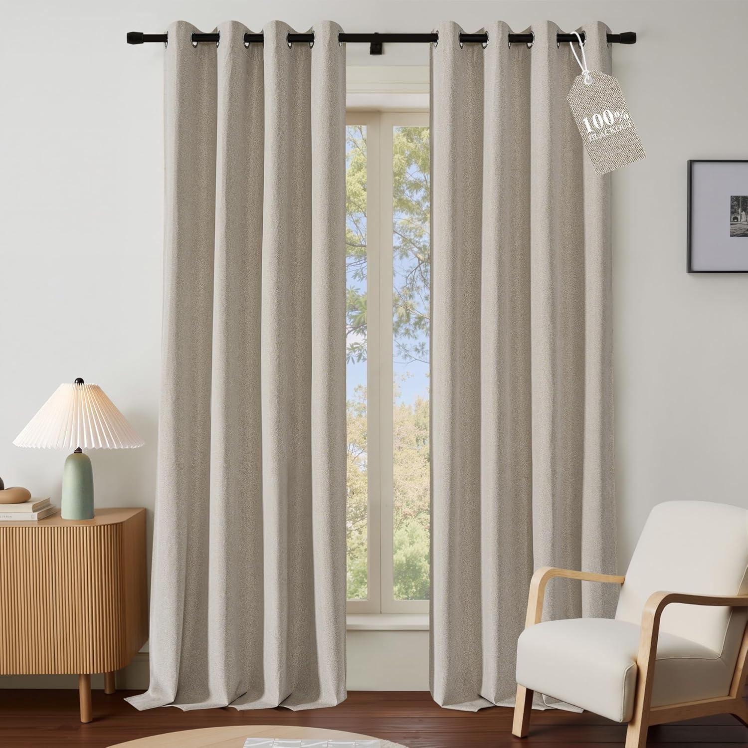 imageNICETOWN 100 Blackout Curtains for Bedroom W52 x L96 Pair Grey Crisp Faux Linen Thermal Insulated ampamp Energy Efficient Light Blocking Shield for Living Room Dining RoomNatural