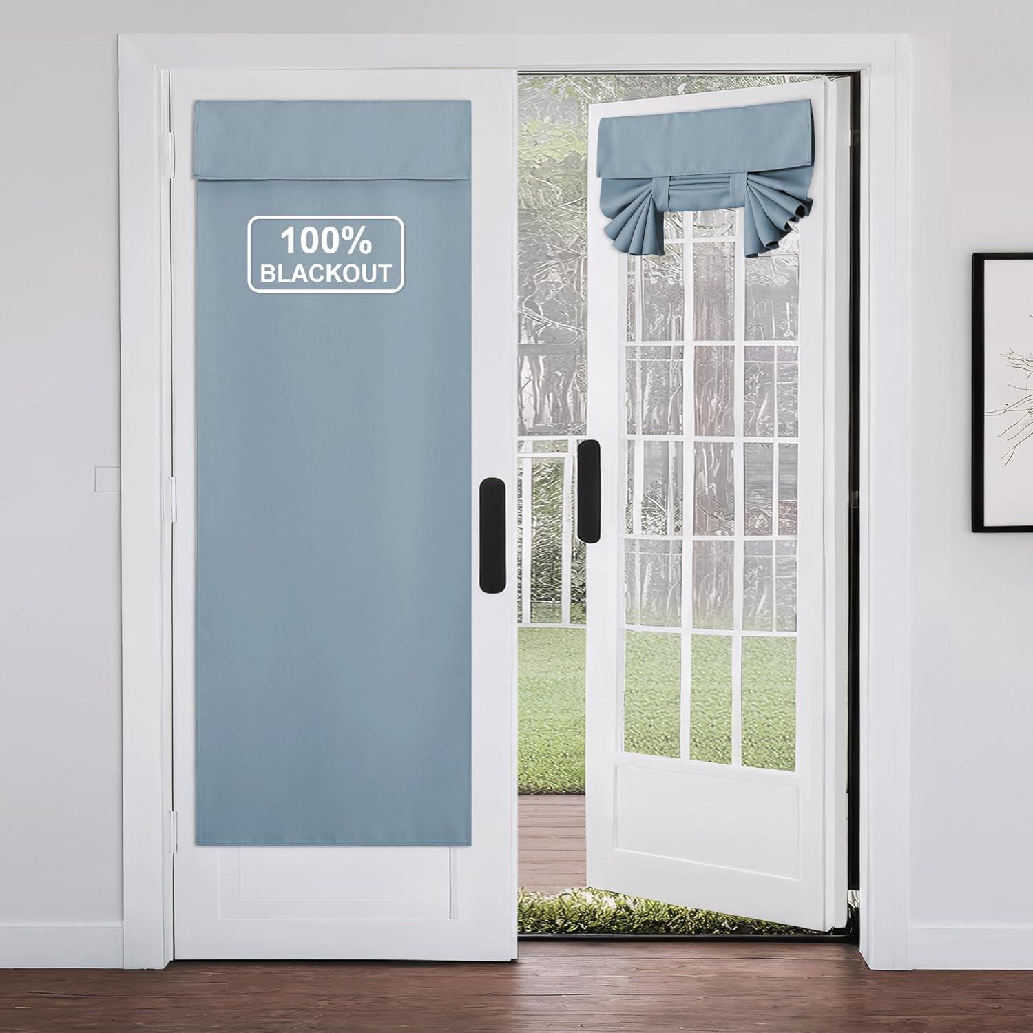 imageNICETOWN 100 Blackout French Door Curtains Privacy Curtains for Window 26 X 50 Inch Long Room Darkening Drapes Thermal Insulated Door Window Shades for Bedroom 1 Panel KhakiGreyish Blue