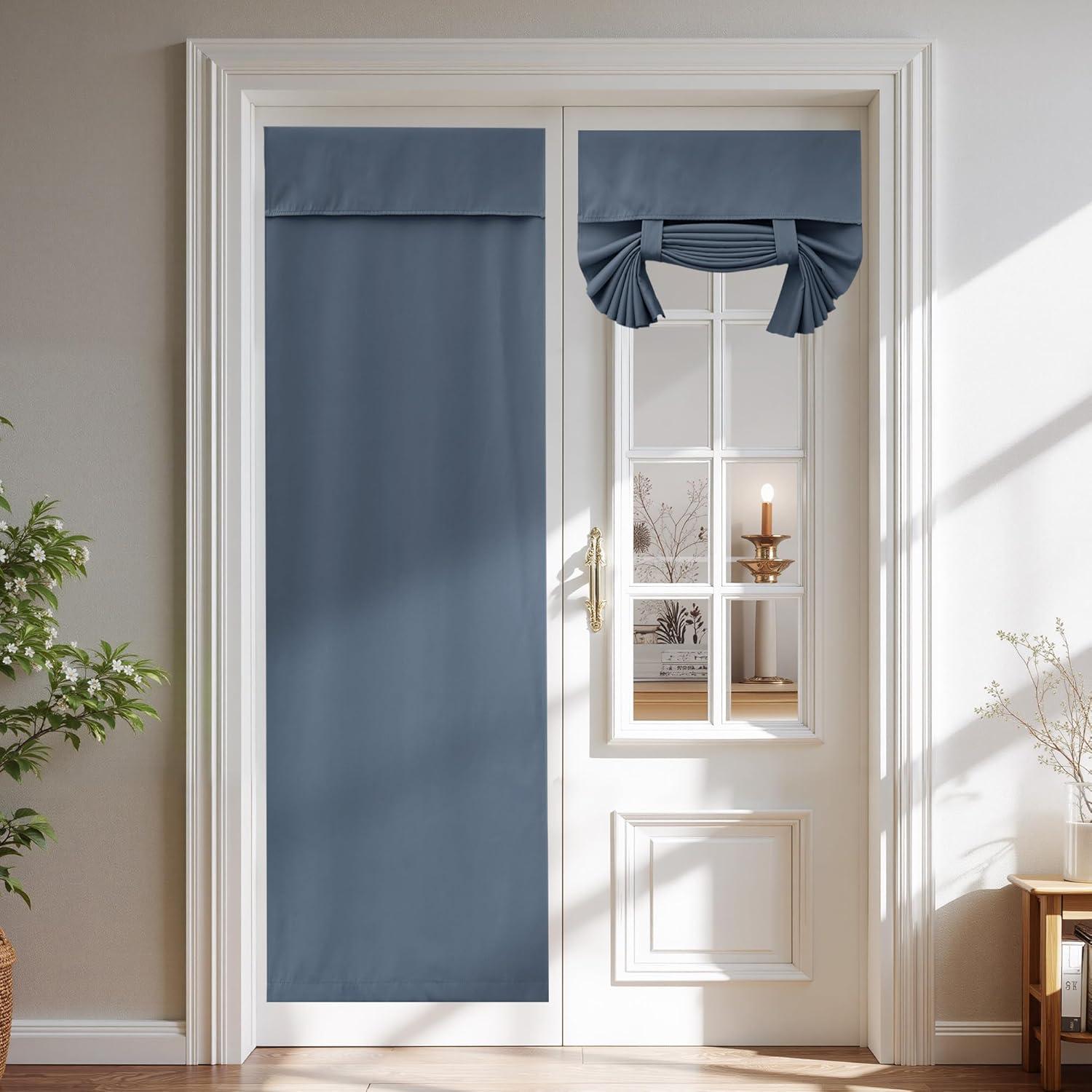 imageNICETOWN 100 Blackout French Door Curtains Privacy Curtains for Window 26 X 50 Inch Long Room Darkening Drapes Thermal Insulated Door Window Shades for Bedroom 1 Panel KhakiStone Blue