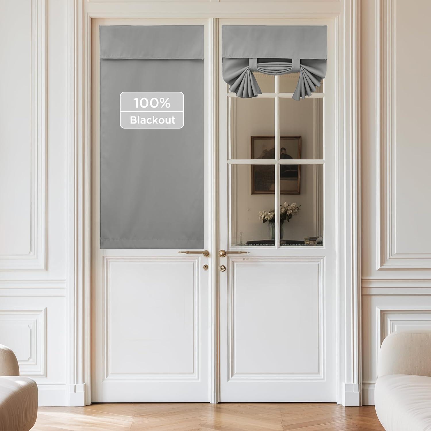 imageNICETOWN 100 Blackout French Door Curtains Privacy Curtains for Window 26 X 50 Inch Long Room Darkening Drapes Thermal Insulated Door Window Shades for Bedroom 1 Panel KhakiLight Grey