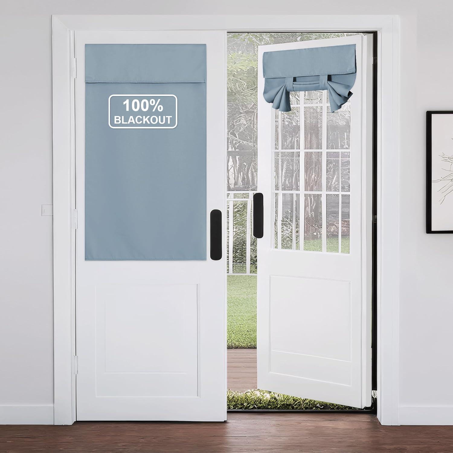 imageNICETOWN 100 Blackout French Door Curtains Privacy Curtains for Window 26 X 50 Inch Long Room Darkening Drapes Thermal Insulated Door Window Shades for Bedroom 1 Panel KhakiGreyish Blue