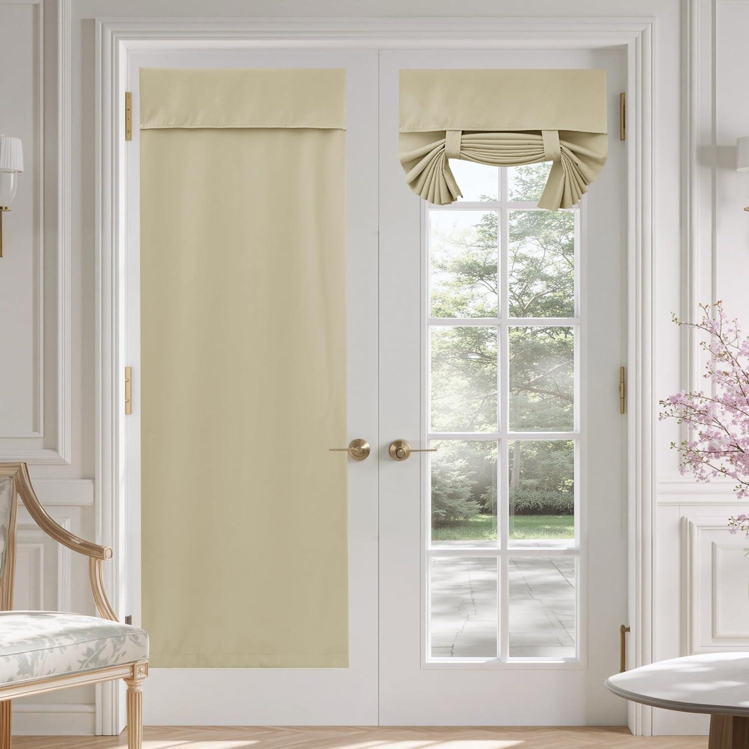 imageNICETOWN 100 Blackout French Door Curtains Privacy Curtains for Window 26 X 50 Inch Long Room Darkening Drapes Thermal Insulated Door Window Shades for Bedroom 1 Panel KhakiCream