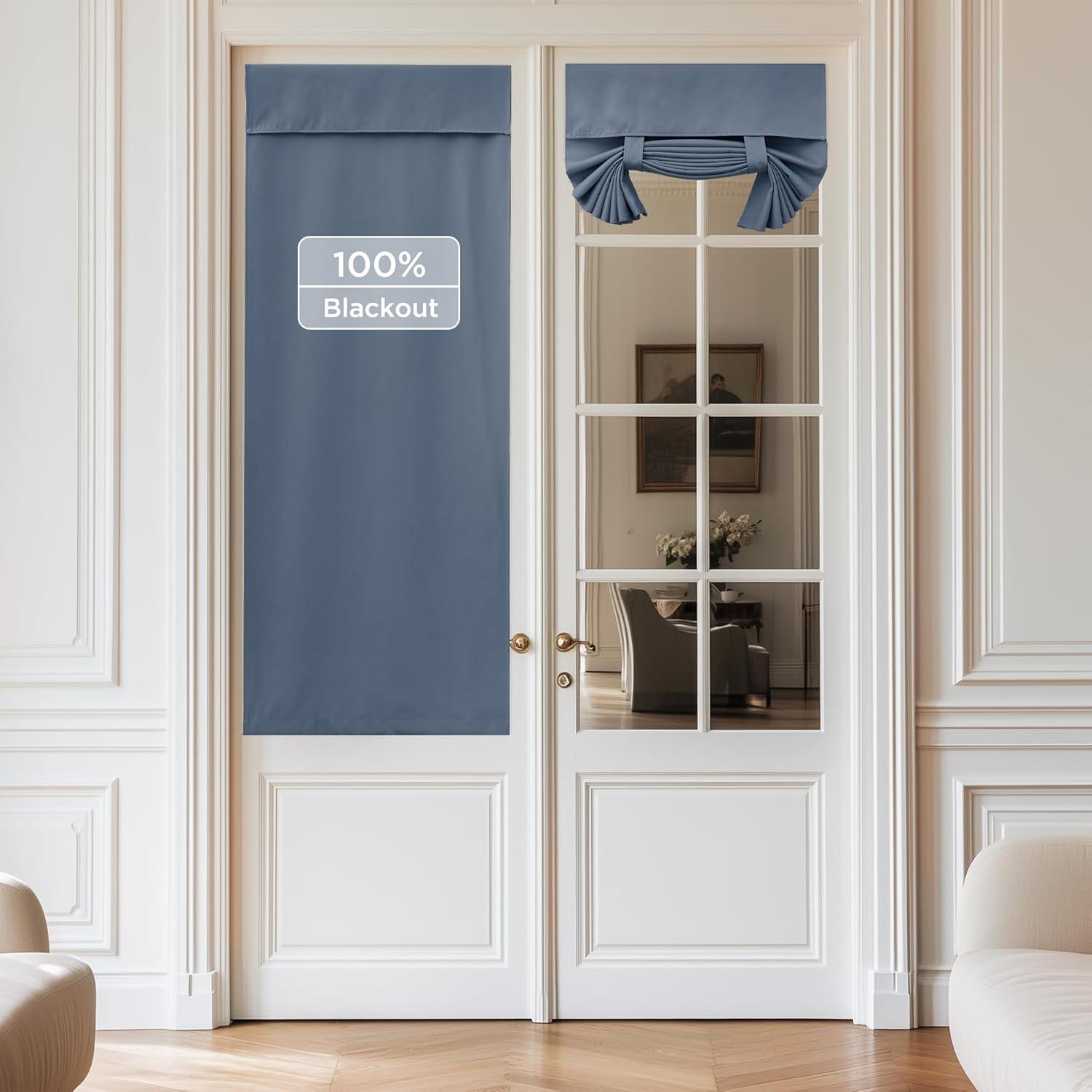 imageNICETOWN 100 Blackout French Door Curtains Privacy Curtains for Window 26 X 50 Inch Long Room Darkening Drapes Thermal Insulated Door Window Shades for Bedroom 1 Panel KhakiStone Blue