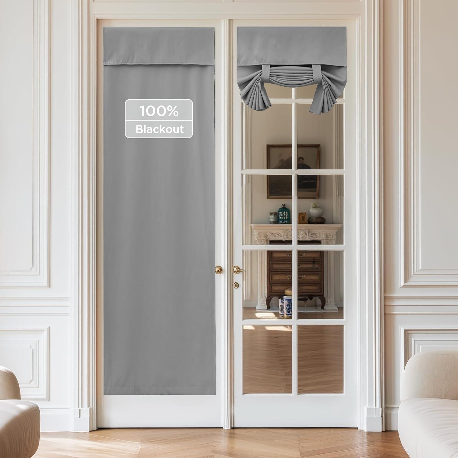 imageNICETOWN 100 Blackout French Door Curtains Privacy Curtains for Window 26 X 50 Inch Long Room Darkening Drapes Thermal Insulated Door Window Shades for Bedroom 1 Panel KhakiLight Grey