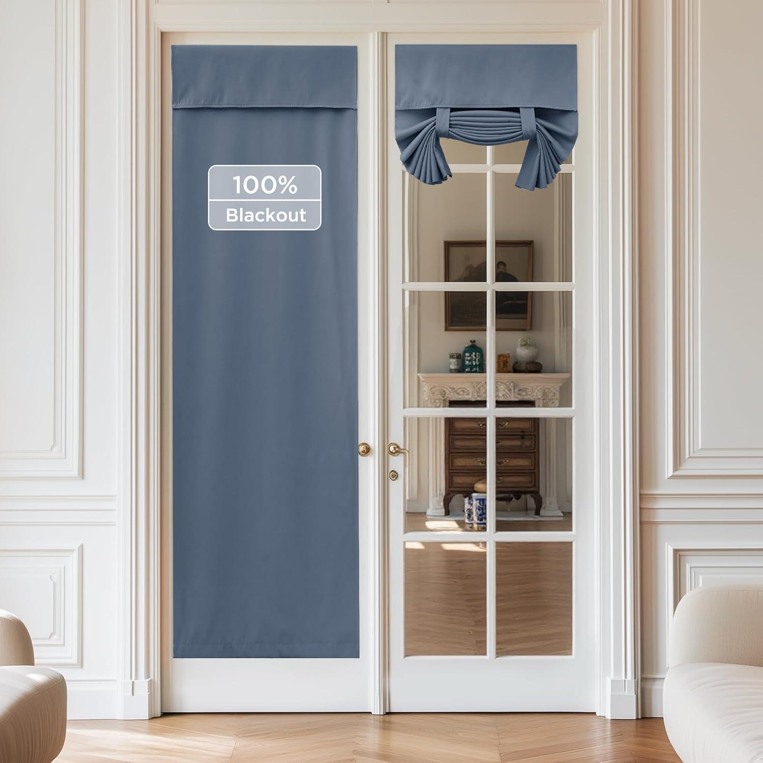 imageNICETOWN 100 Blackout French Door Curtains Privacy Curtains for Window 26 X 50 Inch Long Room Darkening Drapes Thermal Insulated Door Window Shades for Bedroom 1 Panel KhakiStone Blue