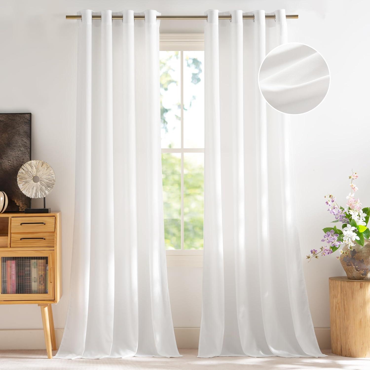imageNICETOWN Non See Through White Privacy Sheer Curtains 84 inches Long 2 Panels Set Fish Bone Pattern Farmhouse Semi Light Filtering Window Drapes for Bedroom Living Room 52 inches WideWhite