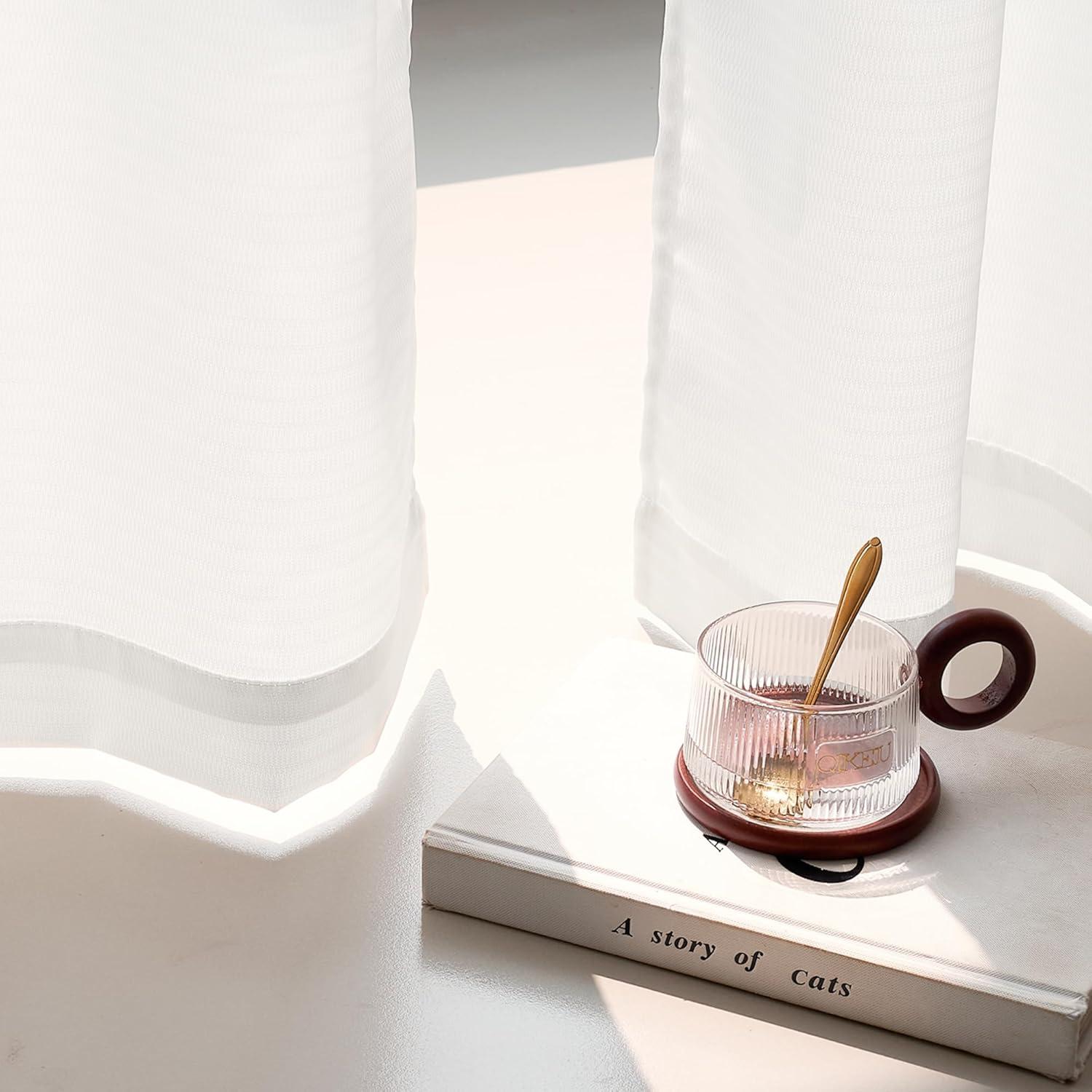 imageNICETOWN Non See Through White Privacy Sheer Curtains 84 inches Long 2 Panels Set Fish Bone Pattern Farmhouse Semi Light Filtering Window Drapes for Bedroom Living Room 52 inches WideWhite