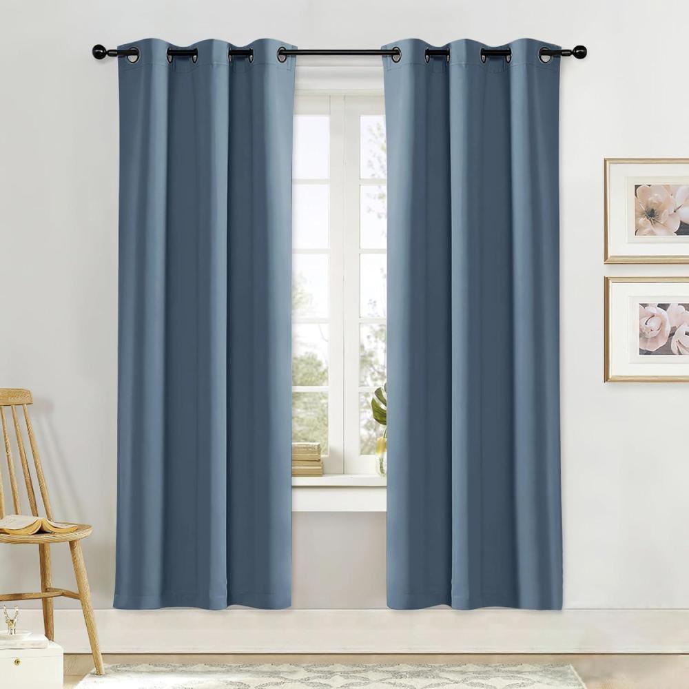 imageNICETOWN Curtain Blind for Bedroom Single Panel Smoky Blue W42 x L72 inches Thermal Insulated Grommet Blackout Room Darkening DrapeDrapery