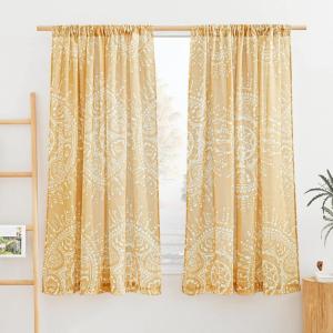 imageNICETOWN Light Filtering BohoChic Curtains ampamp Drapes Linen Blend Rod Pocket Casual ampamp Rustic Privacy Semi Sheer Bohemian Medallion Pattern for BedroomLiving Room W52 x L84 Taupe 1 PairYellow